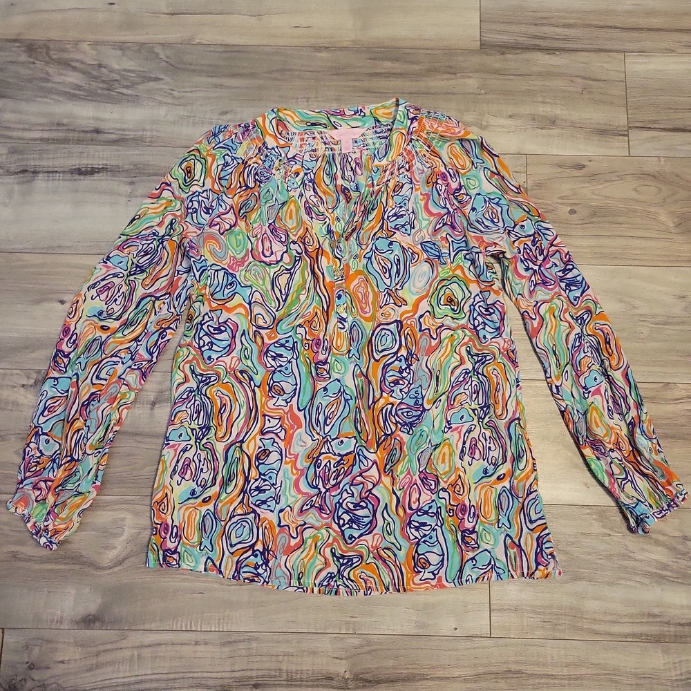 Lilly Pulitzer Elsa Womens 100% Silk Tunic Long Sleeve V neck Blouse XS